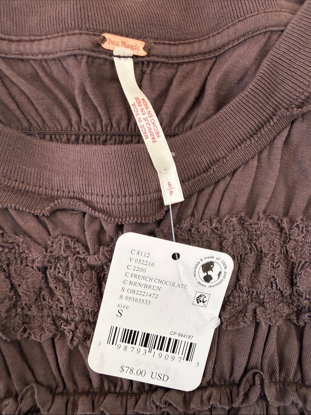 Free People Chocolate Brown Smocked Peplum Blouse - NWT Size S - Picture 4 of 7